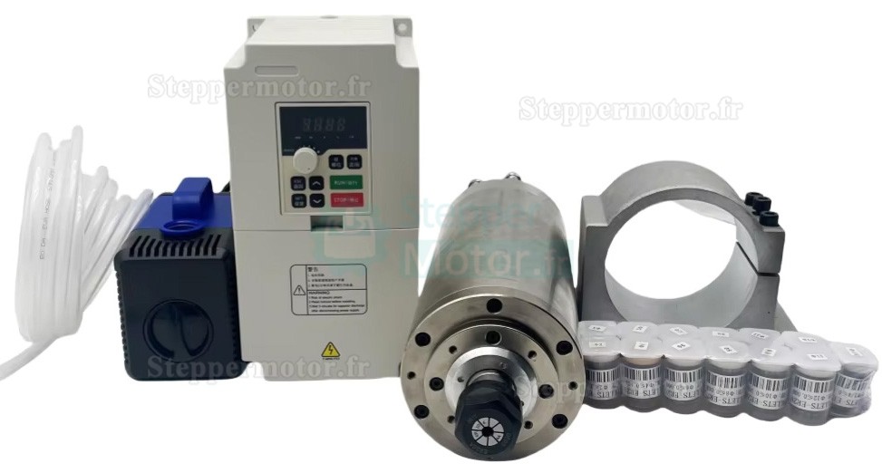 3kW 220V/380V Kit moteur de broche refroidi par eau JGD-100A-3.0KW + H100-3.7 avec variateur de fr&eacute;quence et pompe &agrave; eau et 13 pi&egrave;ces pinces ER20 et support